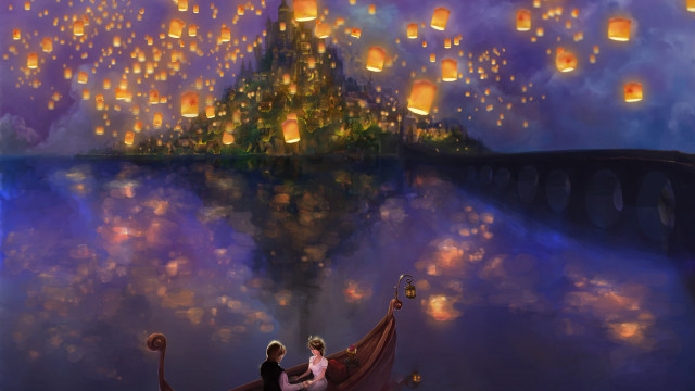 Castle boat lanterns magical night free wallpaper for desktop - medium preview image