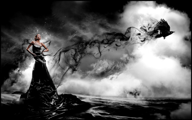 Woman black dress rock ocean free wallpaper for desktop - medium preview image