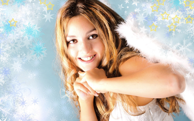 Angel woman snowflakes blue background free wallpaper for desktop - medium preview image