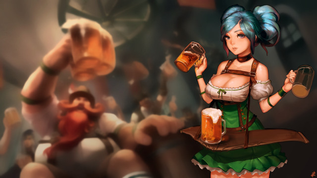 Woman green dress beer tray free wallpaper for desktop - medium preview image