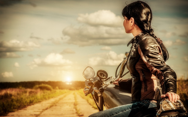 Woman motorcycle dirt road sunset free wallpaper for desktop - medium preview image