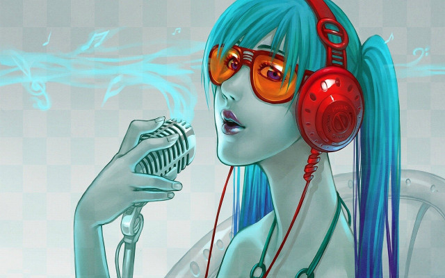 Blue hair headphones microphone funk free wallpaper for desktop - medium preview image