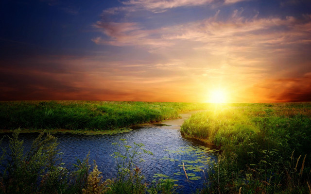 River green field cloudy sunset free wallpaper for desktop - medium preview image