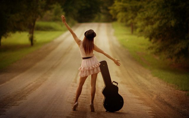 Woman dress guitar dirt road free wallpaper for desktop - medium preview image