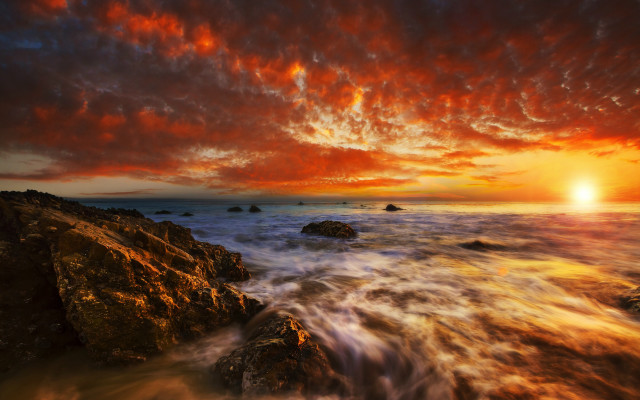 Sunset ocean rock foreground saturated free wallpaper for desktop - medium preview image