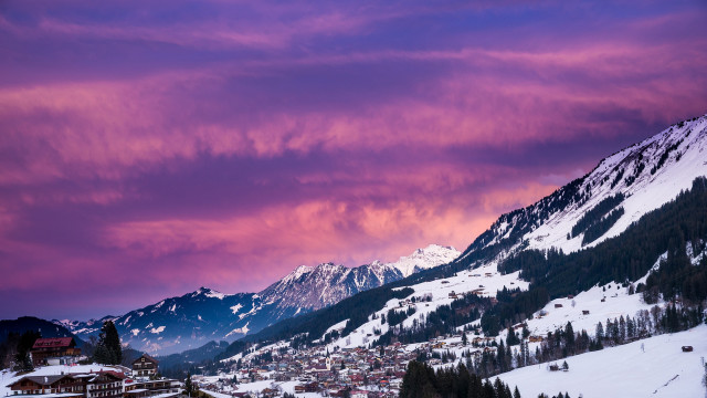 Mountain town pink sky clouds free wallpaper for desktop - medium preview image