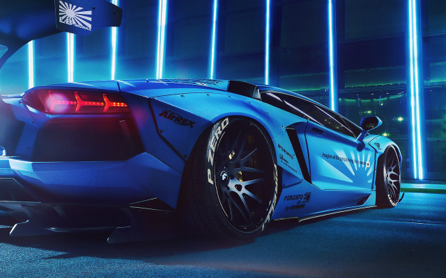 Blue sports car building flag free wallpaper for desktop - medium preview image