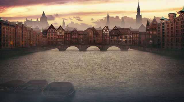 River bridge boat city clock free wallpaper for desktop - medium preview image