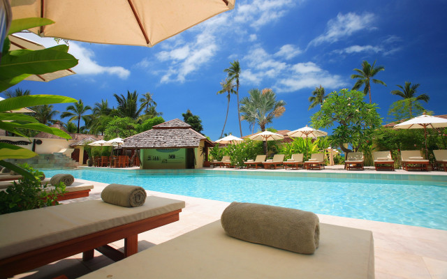 Large pool lounge chairs umbrellas free wallpaper for desktop - medium preview image