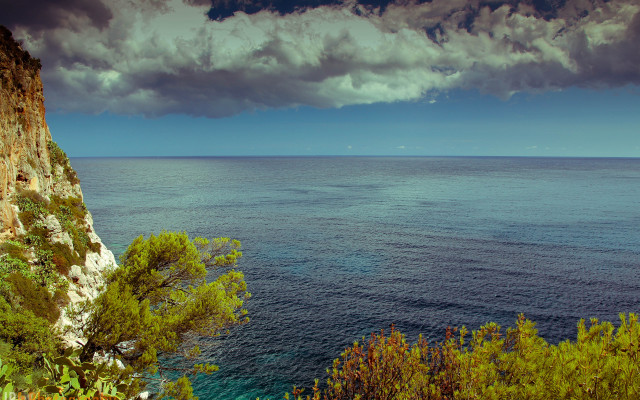 Cliff ocean cloudy sky trees free wallpaper for desktop - medium preview image