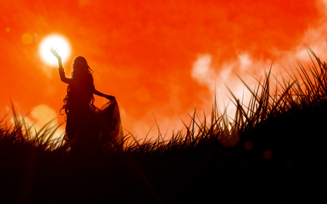 Woman sunset field fire embers free wallpaper for desktop - medium preview image