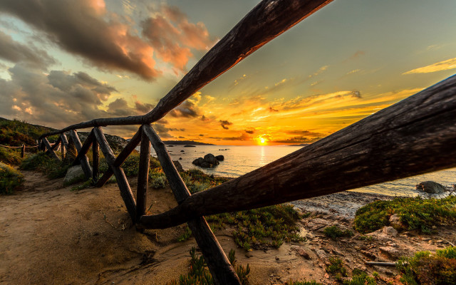 Wooden railing beach sunset clouds free wallpaper for desktop - medium preview image