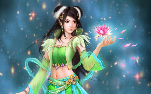 Woman green dress flower starry free wallpaper for desktop - medium preview image