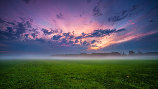 Mystical clouds green field bench free wallpaper for desktop - medium preview image