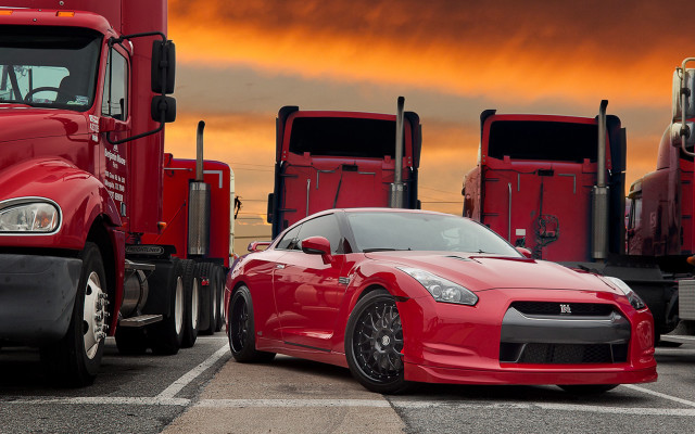 Red car truck parking lot #2 free wallpaper for desktop - medium preview image
