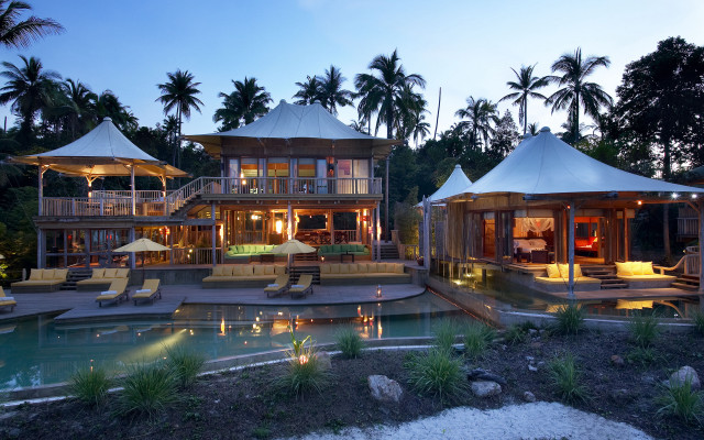 Luxury house pool night bamboo free wallpaper for desktop - medium preview image