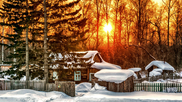 Snowy cabin urban mountain sunset free wallpaper for desktop - medium preview image