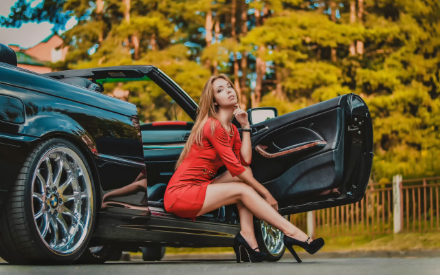 Woman red dress car blur free wallpaper for desktop - medium preview image