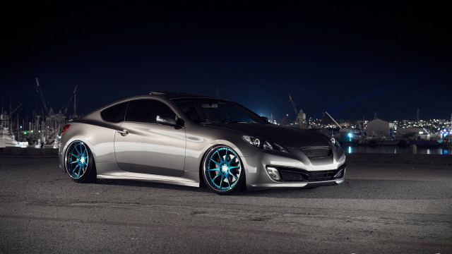 Silver car blue wheels night free wallpaper for desktop - medium preview image