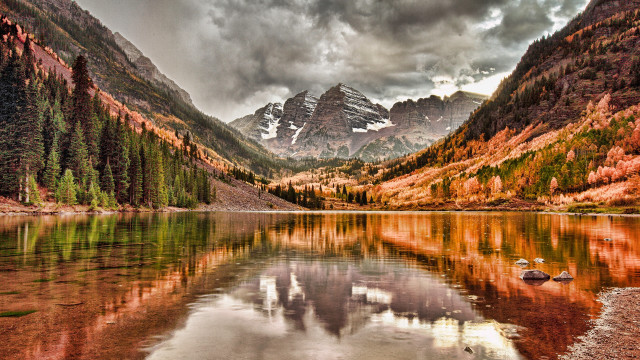 Mountain lake trees clouds bridge free wallpaper for desktop - medium preview image