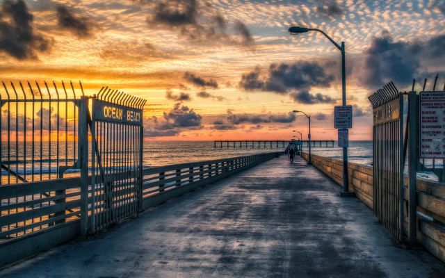 Pier sunset clouds cityscape bridge free wallpaper for desktop - medium preview image