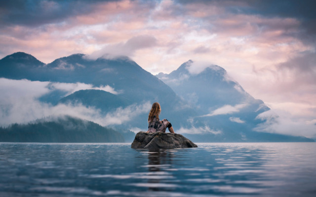 Woman lake rock mountains clouds free wallpaper for desktop - medium preview image