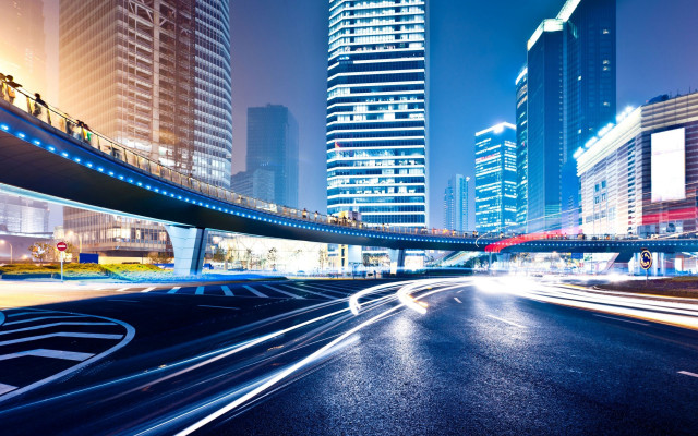 Futuristic cityscape bridge light streaks free wallpaper for desktop - medium preview image