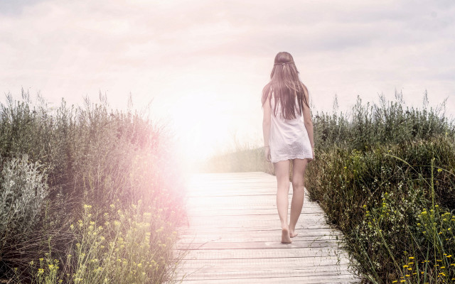 Woman walking flower field sunset free wallpaper for desktop - medium preview image