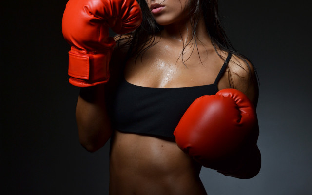 Woman black top red gloves free wallpaper for desktop - medium preview image