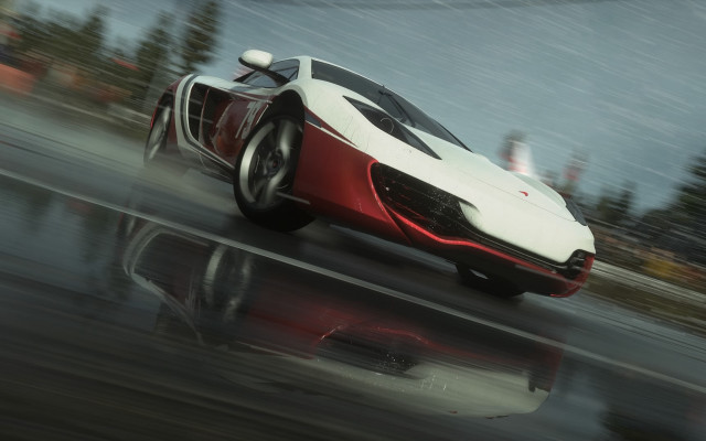 Red white car rain reflection free wallpaper for desktop - medium preview image