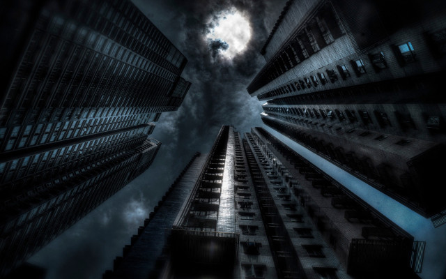 Brutalist architecture cityscape moon night free wallpaper for desktop - medium preview image