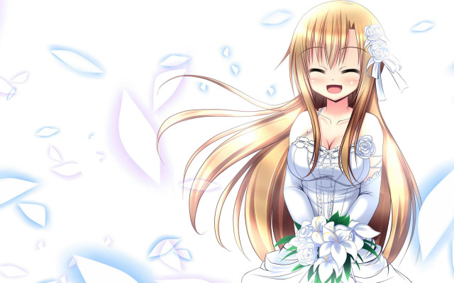 Woman longhair whitedress bouquet smiling free wallpaper for desktop - medium preview image