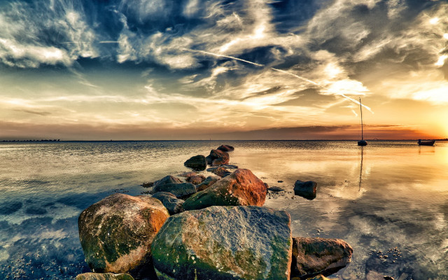 Rock beach sunset horizon boat free wallpaper for desktop - medium preview image
