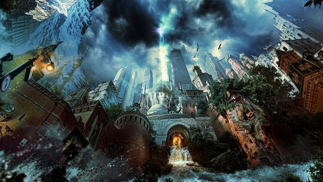 Fantasy cityscape woman clouds birds free wallpaper for desktop - medium preview image