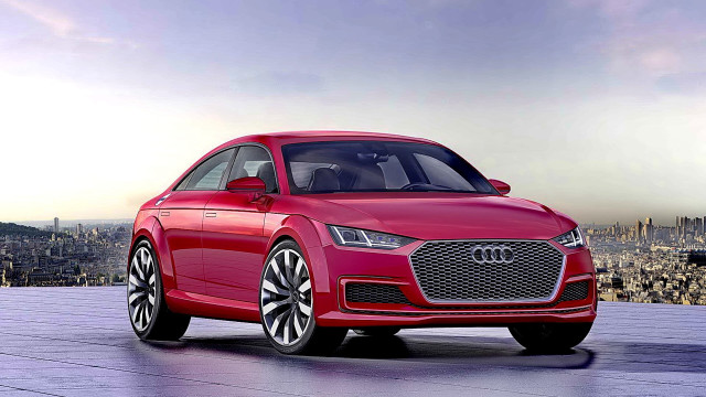 Red car city street person free wallpaper for desktop - medium preview image