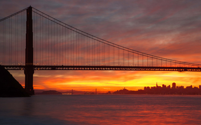 Sunset bridge city reflection mountain free wallpaper for desktop - medium preview image