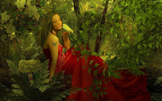 Woman red dress forest bird free wallpaper for desktop - medium preview image