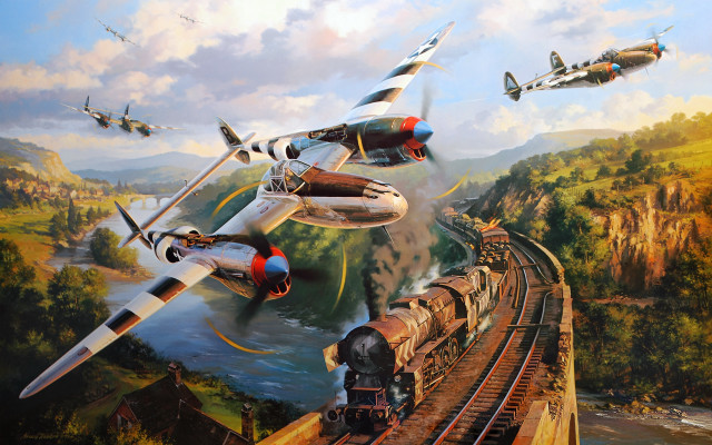 Train planes river mountains precisionism free wallpaper for desktop - medium preview image