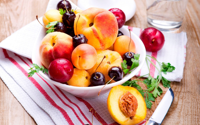 Bowl fruit table knife fork free wallpaper for desktop - medium preview image