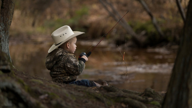 Boy cowboy hat fishing stream free wallpaper for desktop - medium preview image