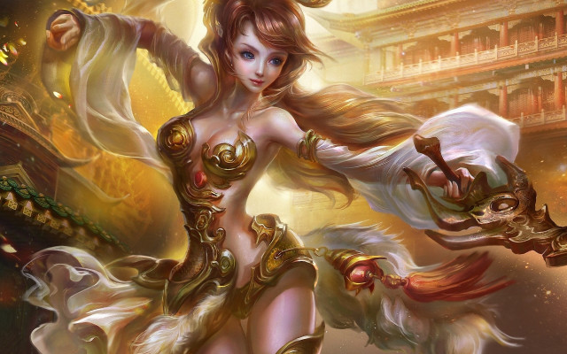 Fantasy woman sword building clock free wallpaper for desktop - medium preview image