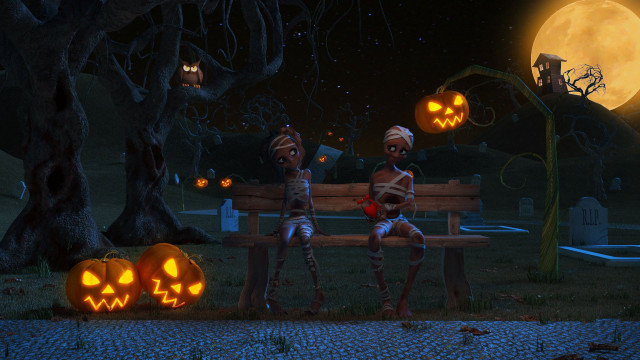 Skeletons bench cemetery pumpkins fullmoon free wallpaper for desktop - medium preview image
