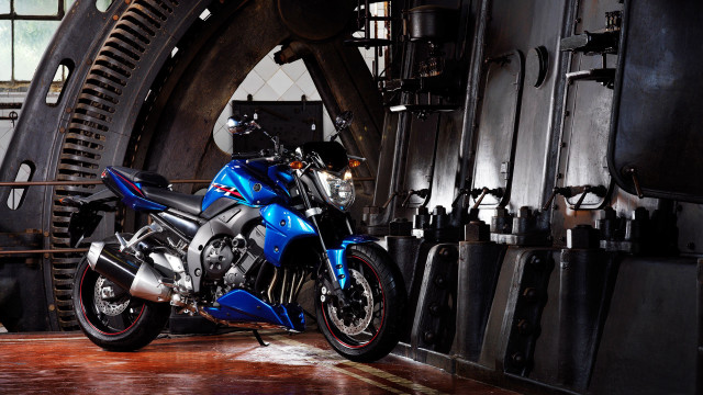 Blue motorcycle garage metal pipes free wallpaper for desktop - medium preview image
