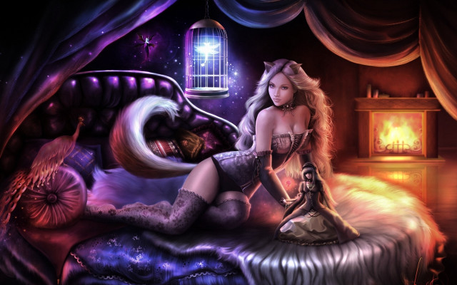 Woman birdcage fantasy bed fox free wallpaper for desktop - medium preview image