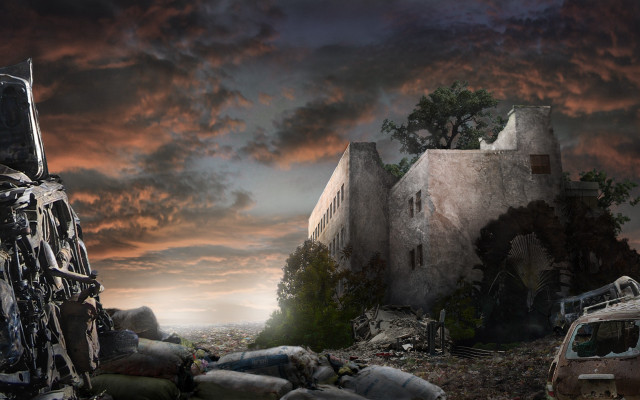 Destroyed building car garbage dark free wallpaper for desktop - medium preview image