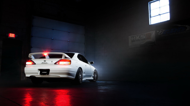 White car dark garage red free wallpaper for desktop - medium preview image