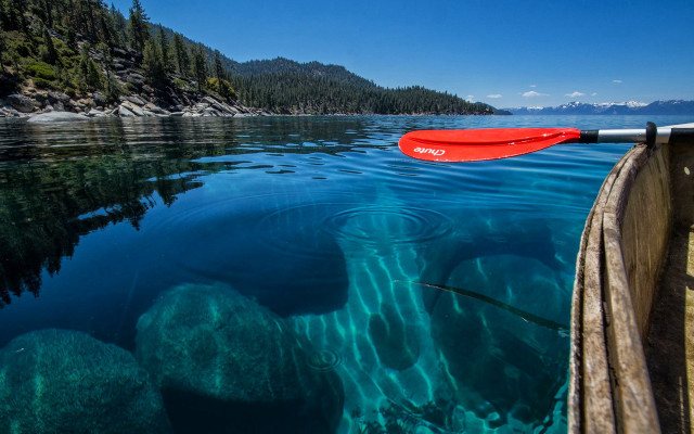 Red canoe lake forest mountains free wallpaper for desktop - medium preview image