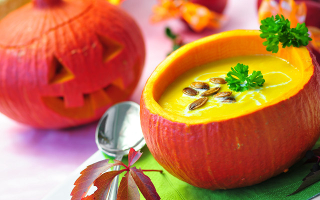 Pumpkin soup bowl spoon napkin free wallpaper for desktop - medium preview image