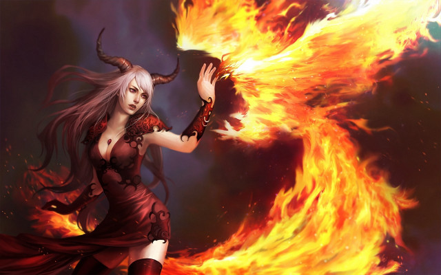 Woman red dress flame demon free wallpaper for desktop - medium preview image