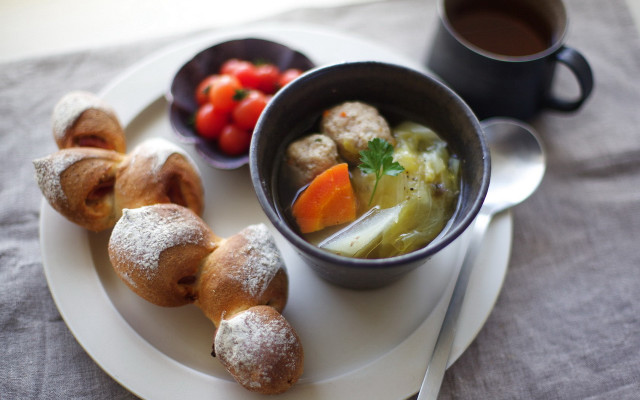 Plate soup pastries coffee spoon free wallpaper for desktop - medium preview image